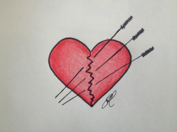 A line drawing of a heart with a jagged crack down the middle, held together with three acupuncture needles, in recognition of how acupuncture can help with a broken heart.
