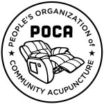 The circular POCA logo, in black and white, featuring a line drawing of a lazyboy recliner in the middle and "People's Organization of Community Acupuncture" around the edges.