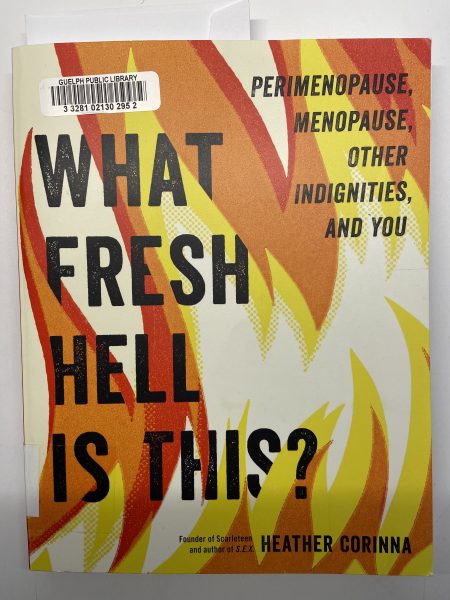 Book cover of "What Fresh Hell Is This? Perimenopause, Menopause, Other Indignities, and You" by Heather Corinna. Black text over orange, yellow, red and white flames.