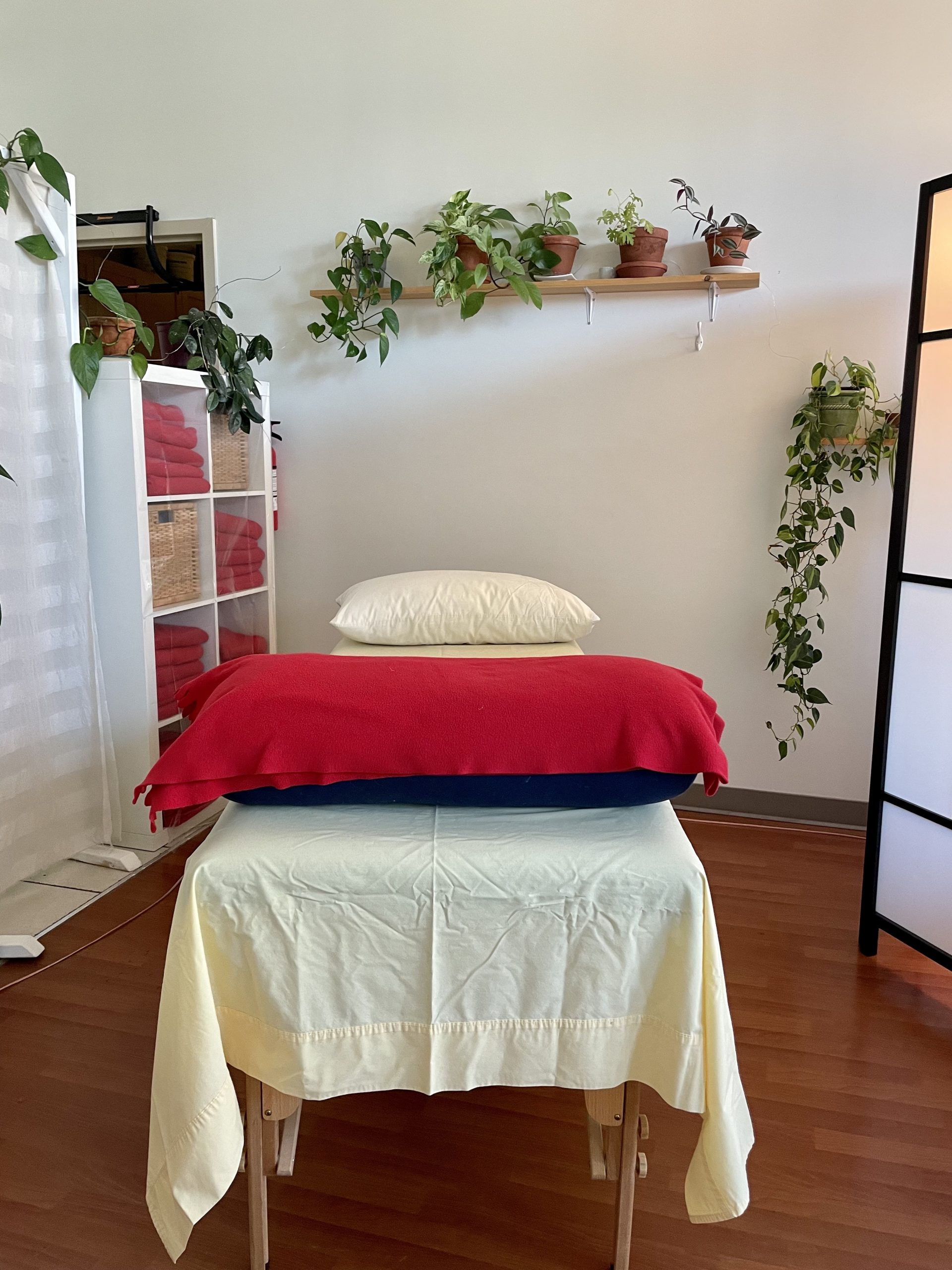 Massage table draped in a yellow sheet with a white pillow on the far end and a red bolster on the near end. View is straight-on. Potted plants on shelves are visible on the far wall.