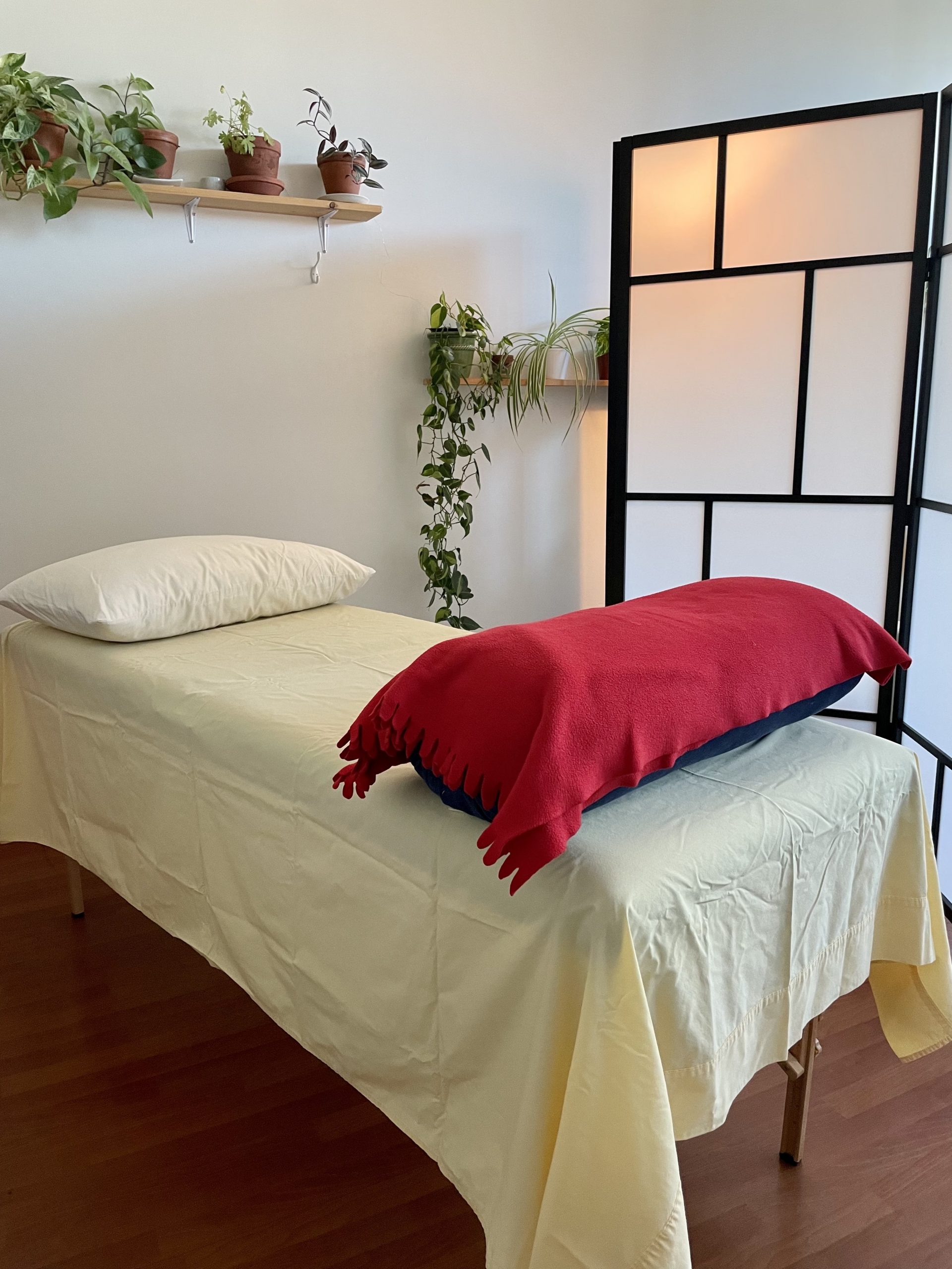 Massage table draped in a yellow sheet with a white pillow on the far end and a red bolster on the far end. View is on an angle. White and black screens are visible in the background, as well as some potted plants on shelves.
