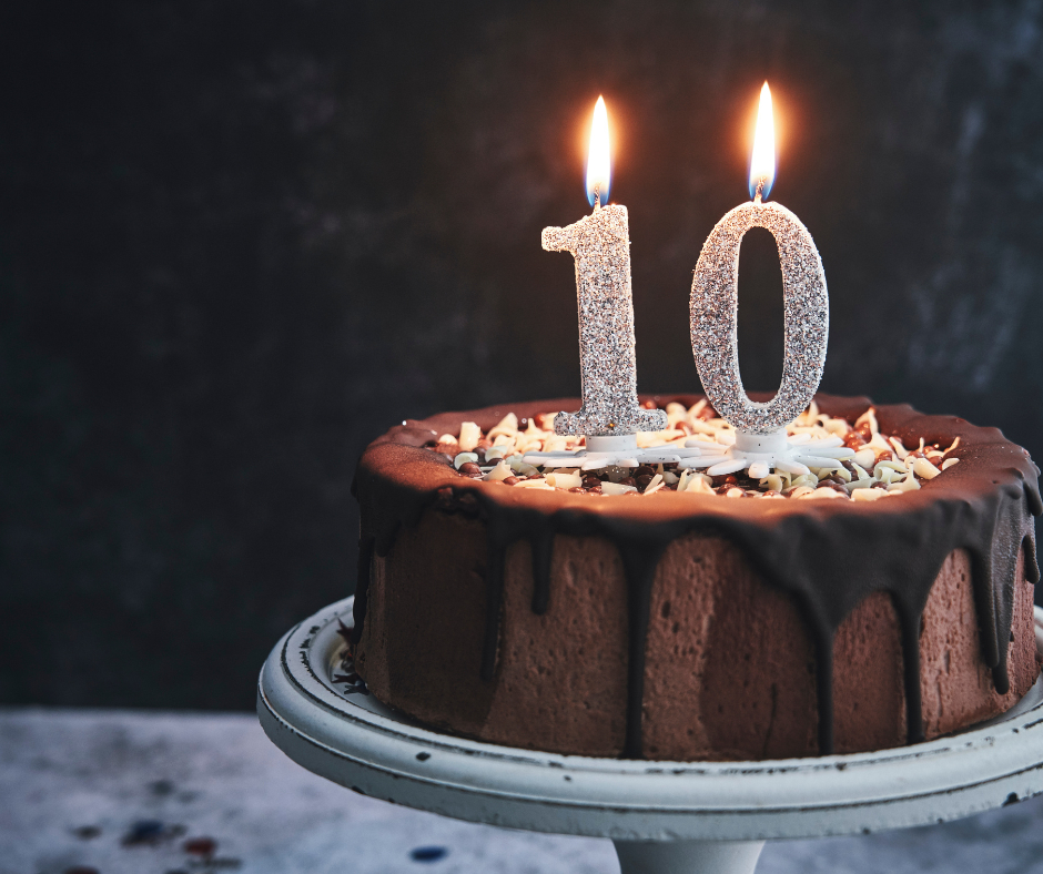 A closeup shot of a chocolate cake with dark brown icing and on top, two lit candles forming the the number 10. The cake is on a grey plate, the background is black.