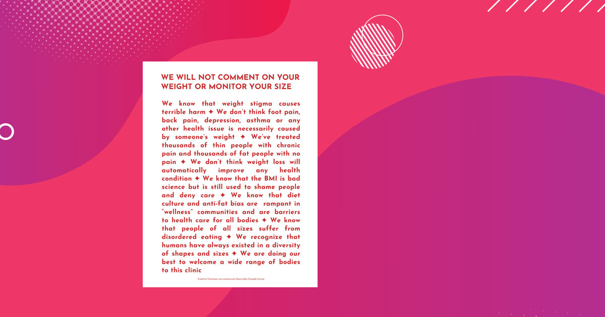 Magenta background with a weight stigma poster in the foreground.